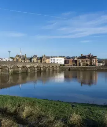 Barnstaple's Long Bridge over the River Taw by the town square in North Devon