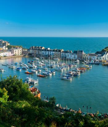 Ilfracombe Harbour at sunrise in broad panorama across the picturesque town.